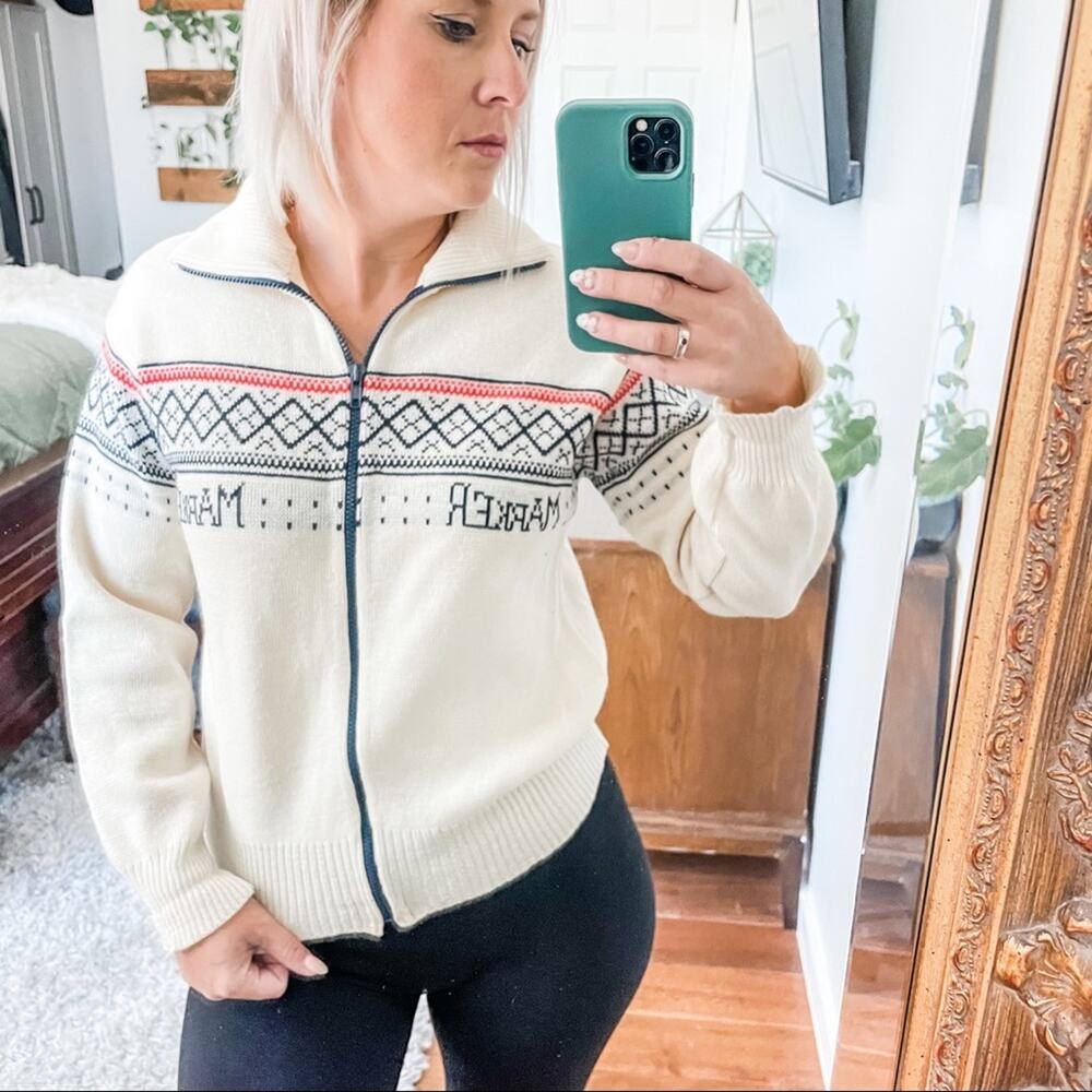 Marker | Vintage Cream Fair Isle 100% Wool Full Zip Sweater Unisex Women’s Men’s